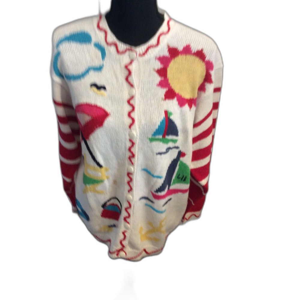 Vintage Quacker Factory Small Nautical Sailboat anchor beach sun cloud Cardigan